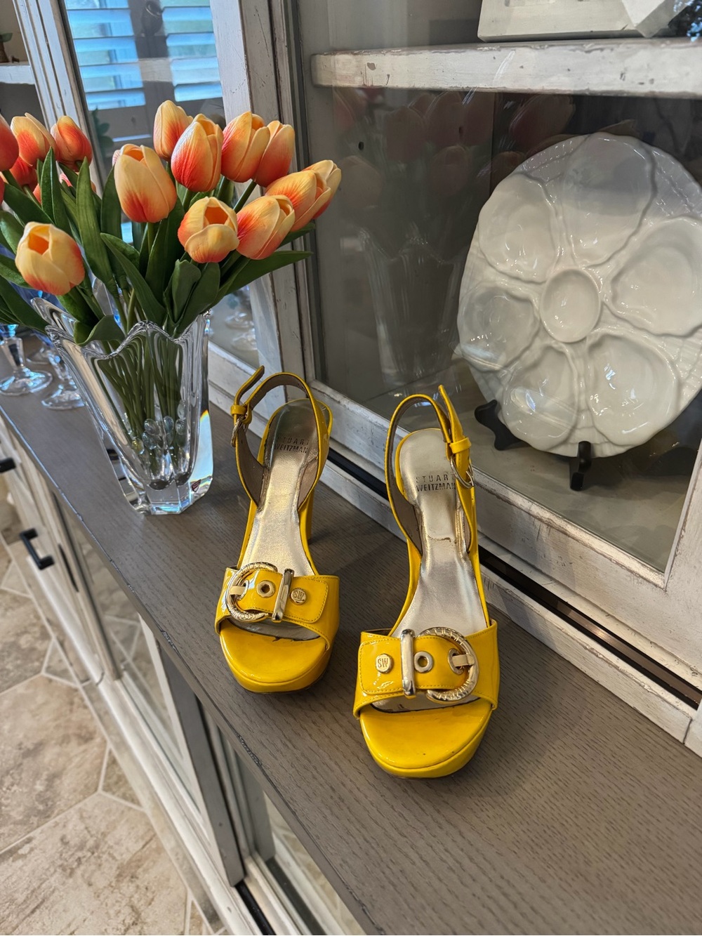 Stuart Weitzman Yellow Slingback Platform Sandals